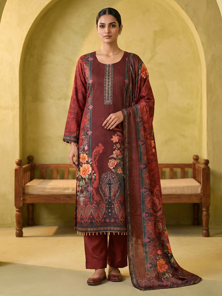 Red Printed Crepe Round Neck Kurta &amp; Pant With Crepe Dupatta