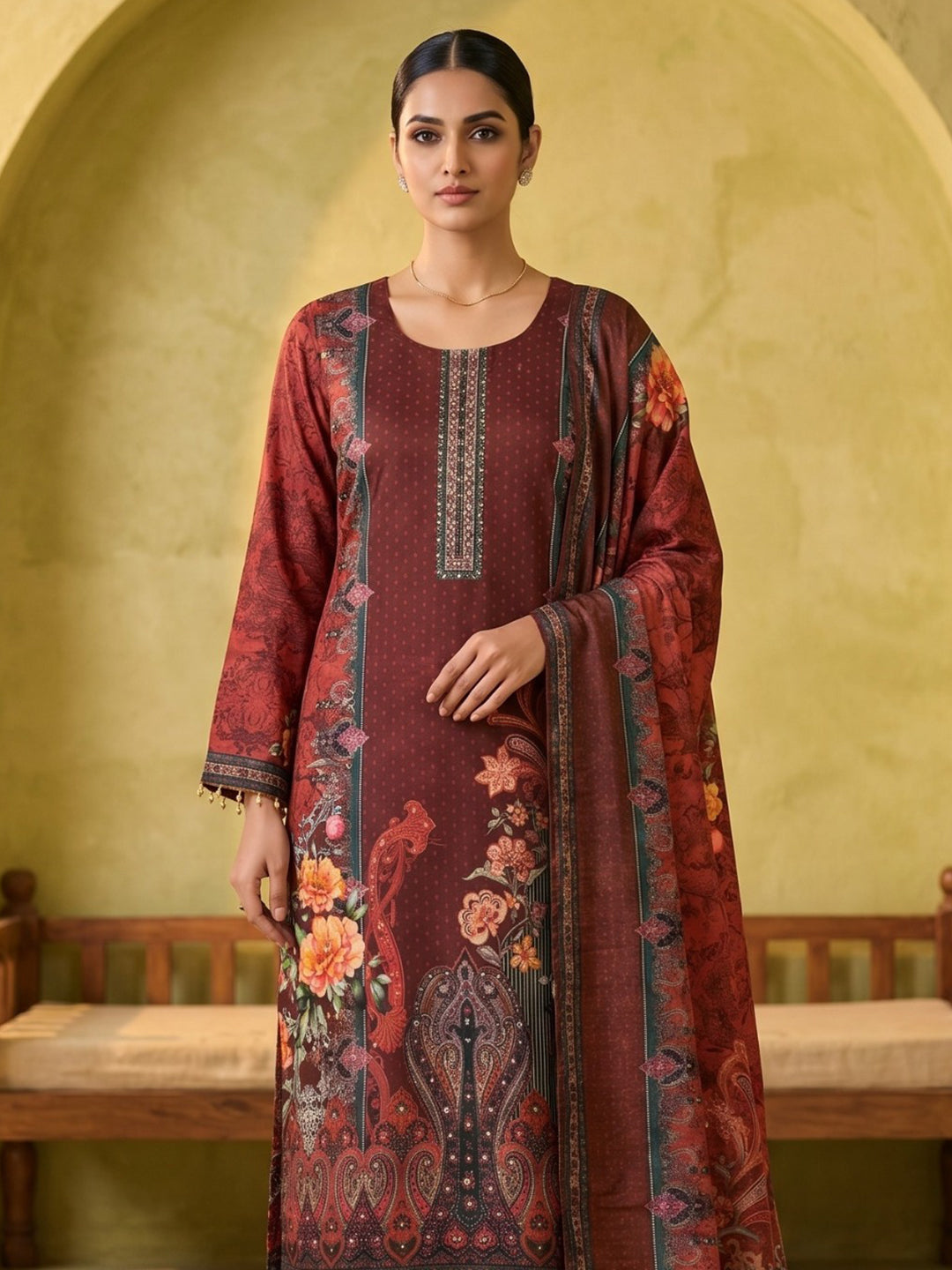 Red Printed Crepe Round Neck Kurta &amp; Pant With Crepe Dupatta