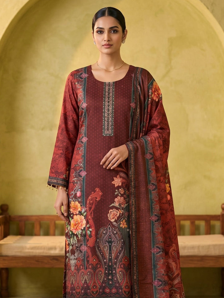 Red Printed Crepe Round Neck Kurta &amp; Pant With Crepe Dupatta
