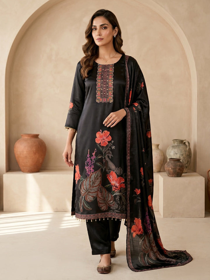 Black Printed Crepe Round Neck Kurta &amp; Pant With Crepe Dupatta