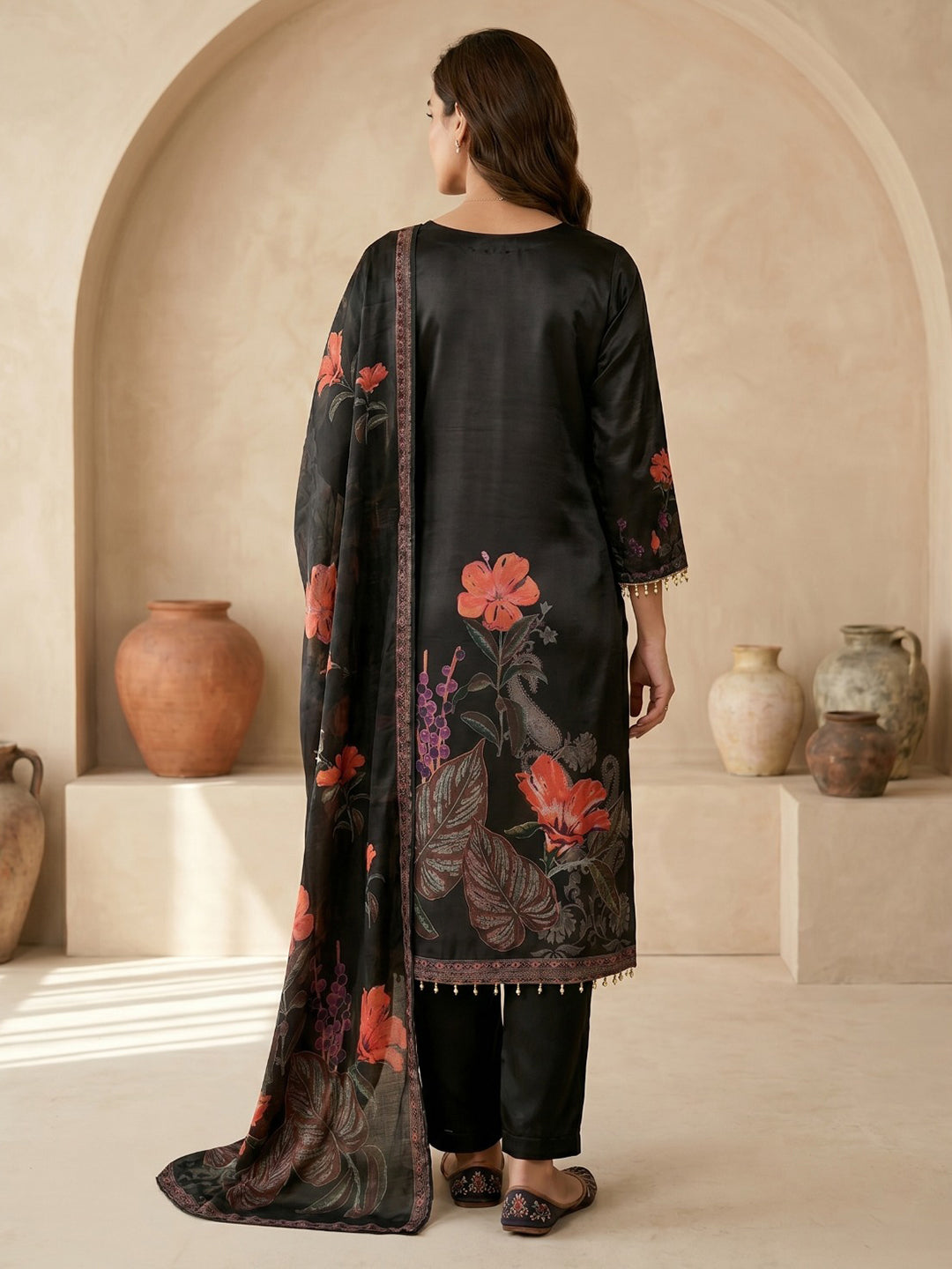 Black Printed Crepe Round Neck Kurta &amp; Pant With Crepe Dupatta