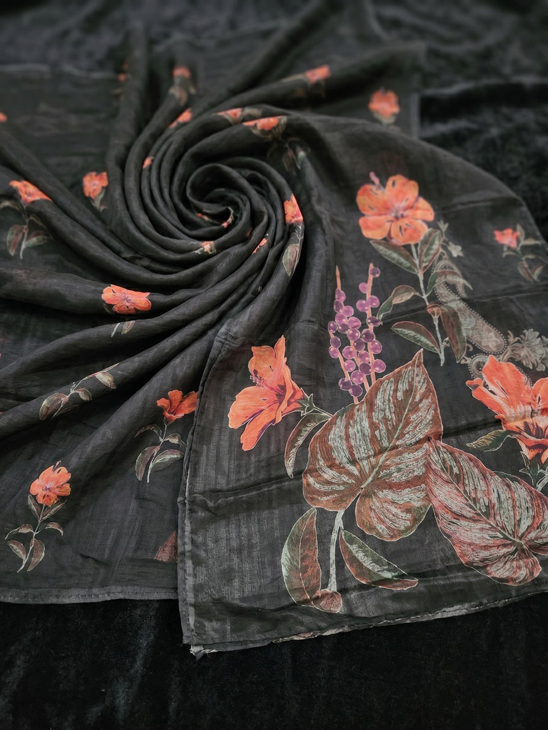 Black Printed Crepe Round Neck Kurta &amp; Pant With Crepe Dupatta