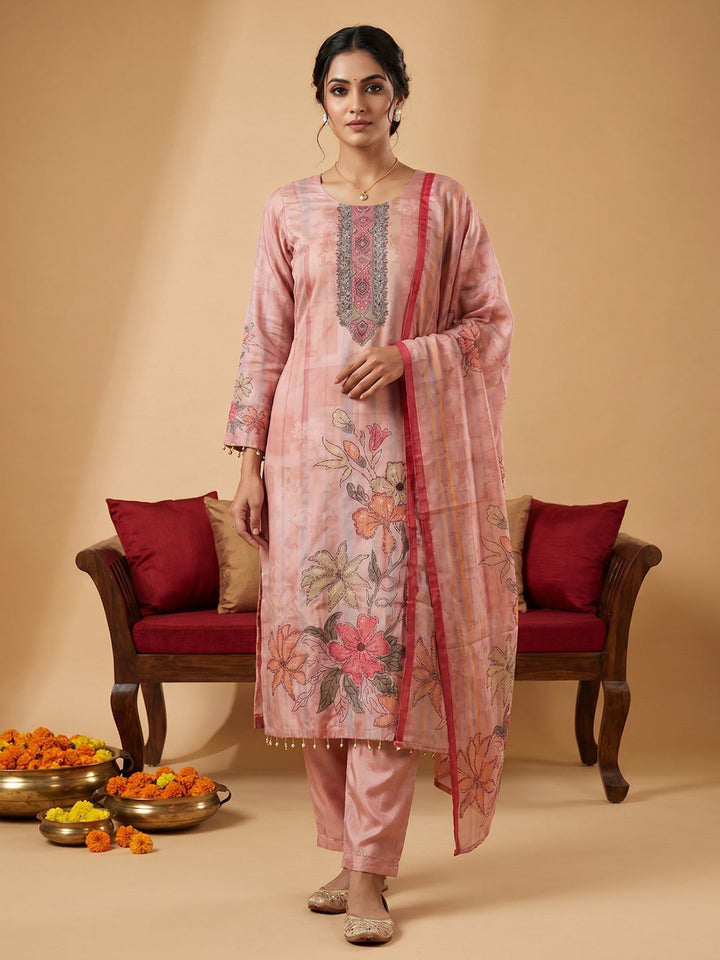 Pink Printed Crepe Round Neck Kurta &amp; Pant With Crepe Dupatta
