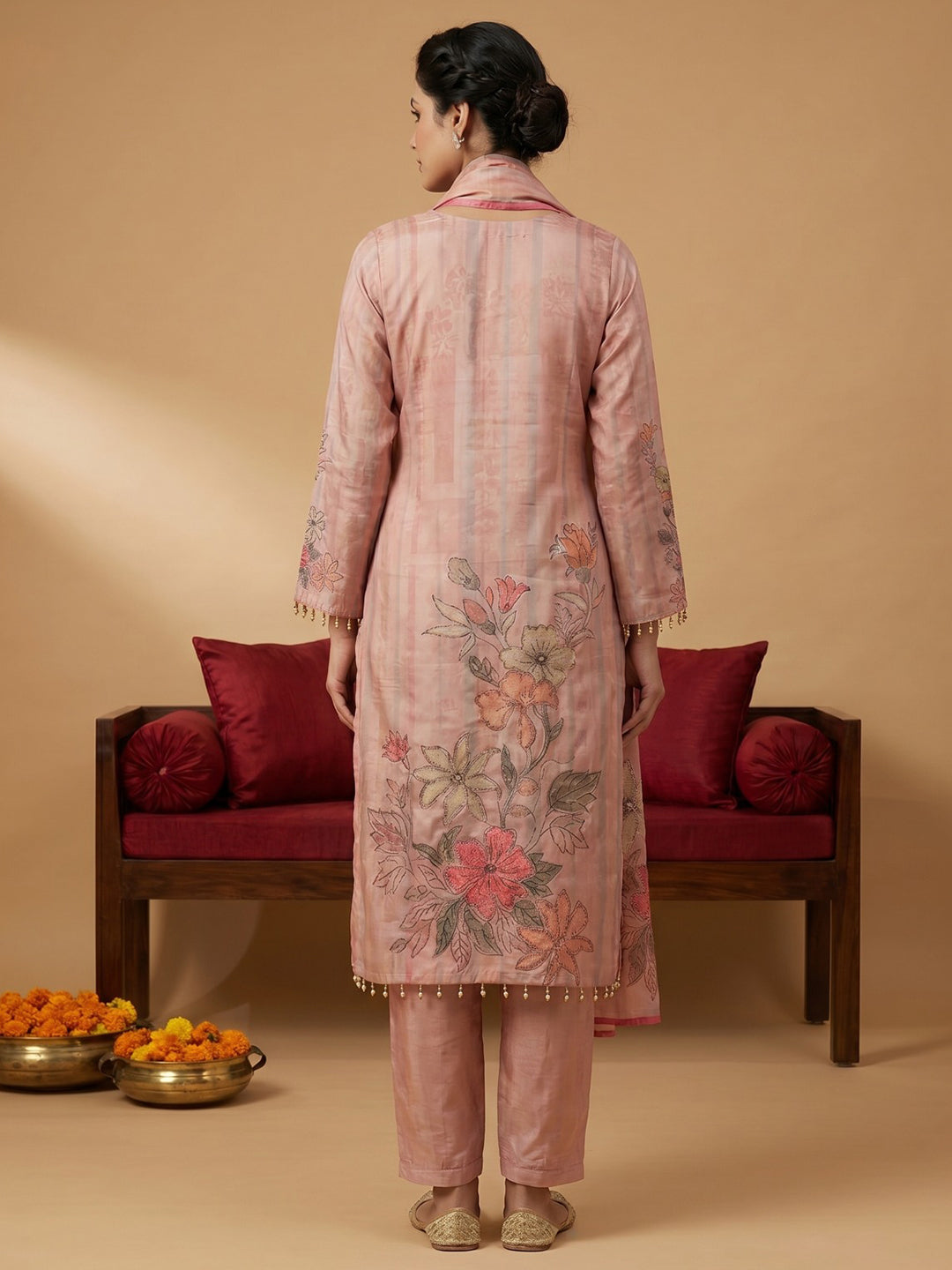 Pink Printed Crepe Round Neck Kurta &amp; Pant With Crepe Dupatta
