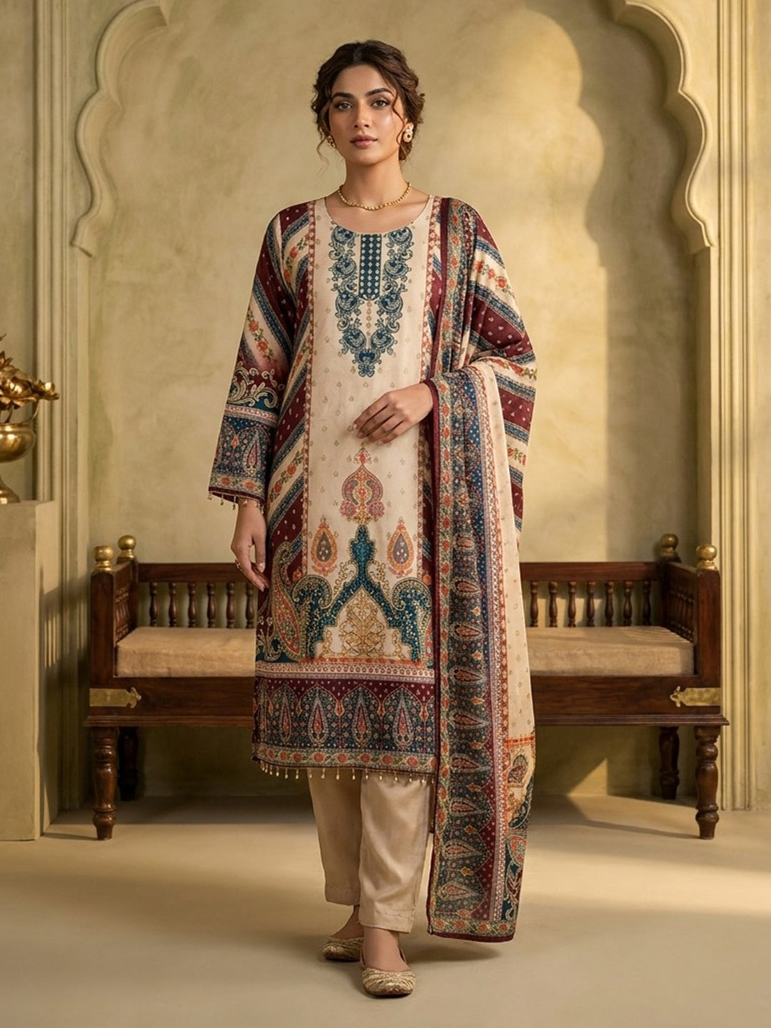 Maroon Printed Crepe Round Neck Kurta & Pant With Crepe Dupatta