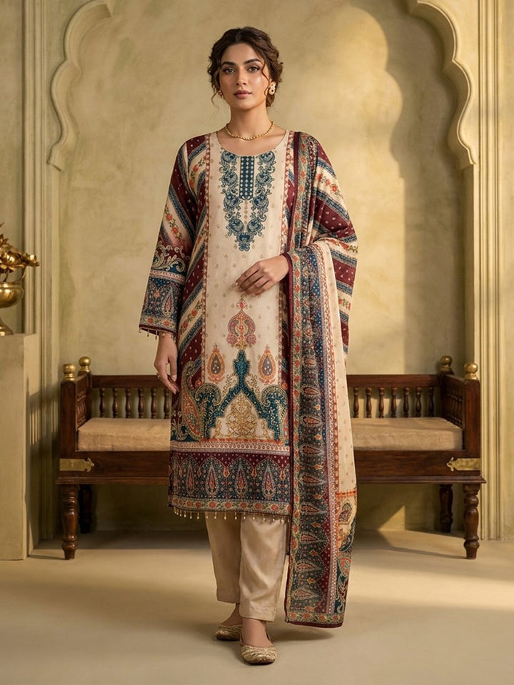 Maroon Printed Crepe Round Neck Kurta &amp; Pant With Crepe Dupatta