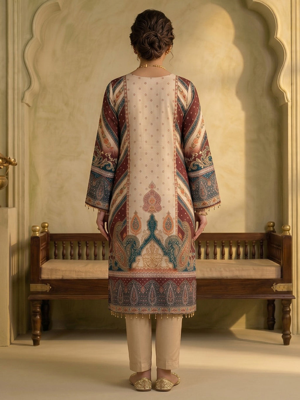 Maroon Printed Crepe Round Neck Kurta & Pant With Crepe Dupatta