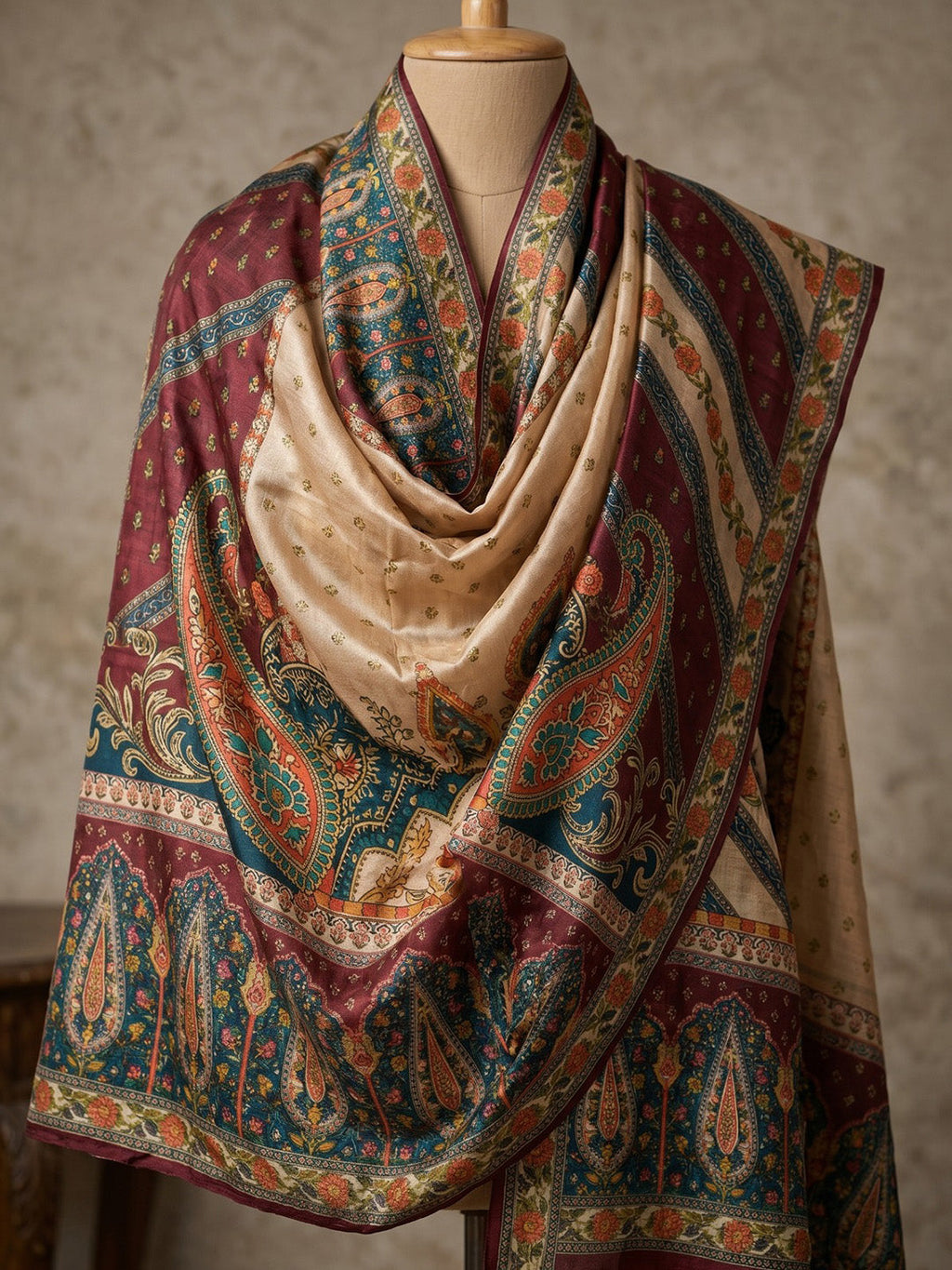 Maroon Printed Crepe Round Neck Kurta & Pant With Crepe Dupatta