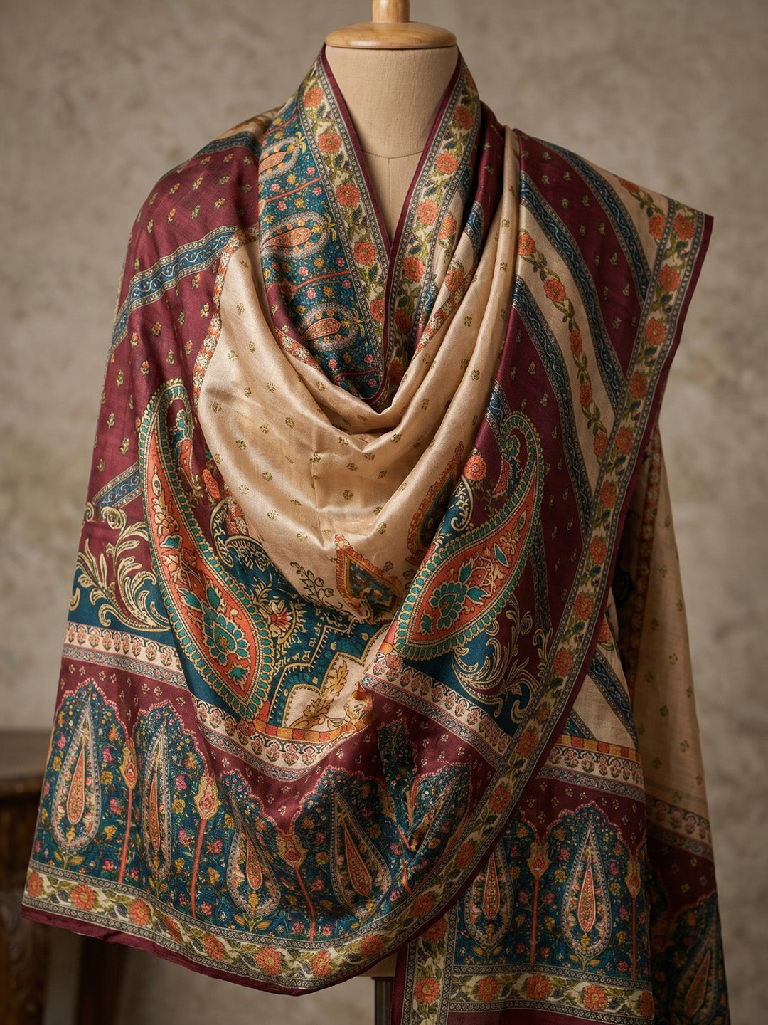 Maroon Printed Crepe Round Neck Kurta & Pant With Crepe Dupatta