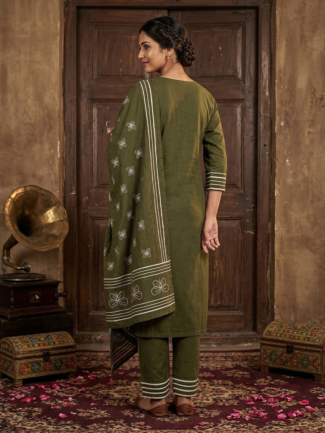 Green Printed Cotton Blend Straight Suit Set With Dupatta