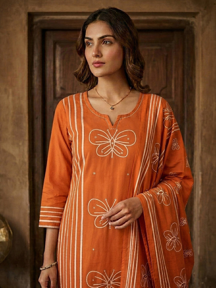 Red Printed Cotton Blend Straight Suit Set With Dupatta