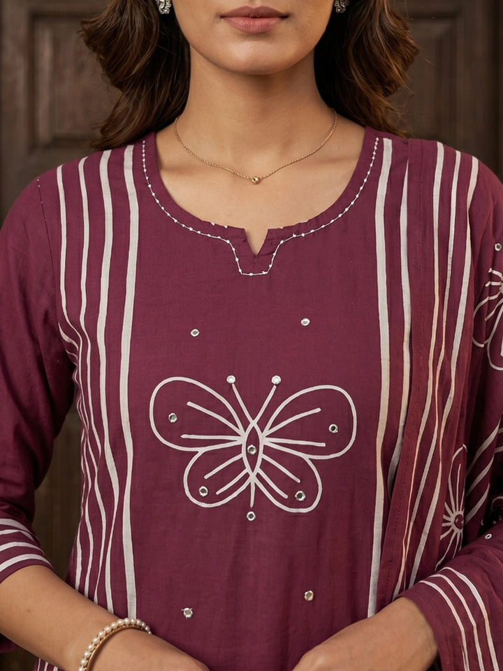 Maroon Printed Cotton Blend Straight Suit Set With Dupatta