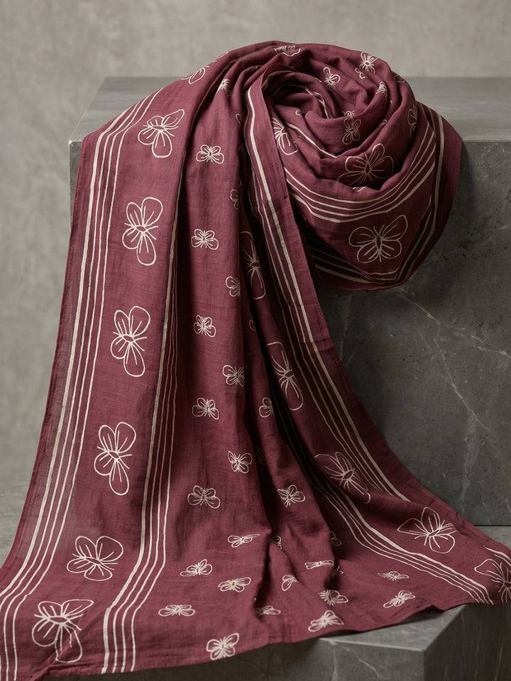 Maroon Printed Cotton Blend Straight Suit Set With Dupatta