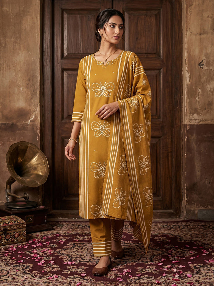 Yellow Printed Cotton Blend Straight Suit Set With Dupatta