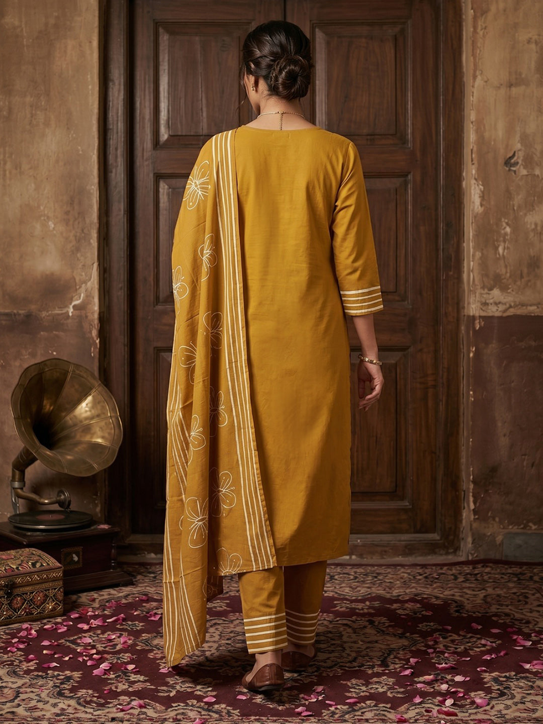 Yellow Printed Cotton Blend Straight Suit Set With Dupatta