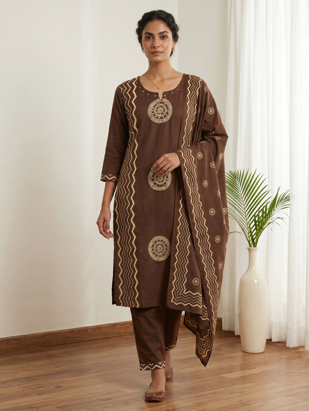 Brown Printed Cotton Blend Kurta With Pant & Dupatta