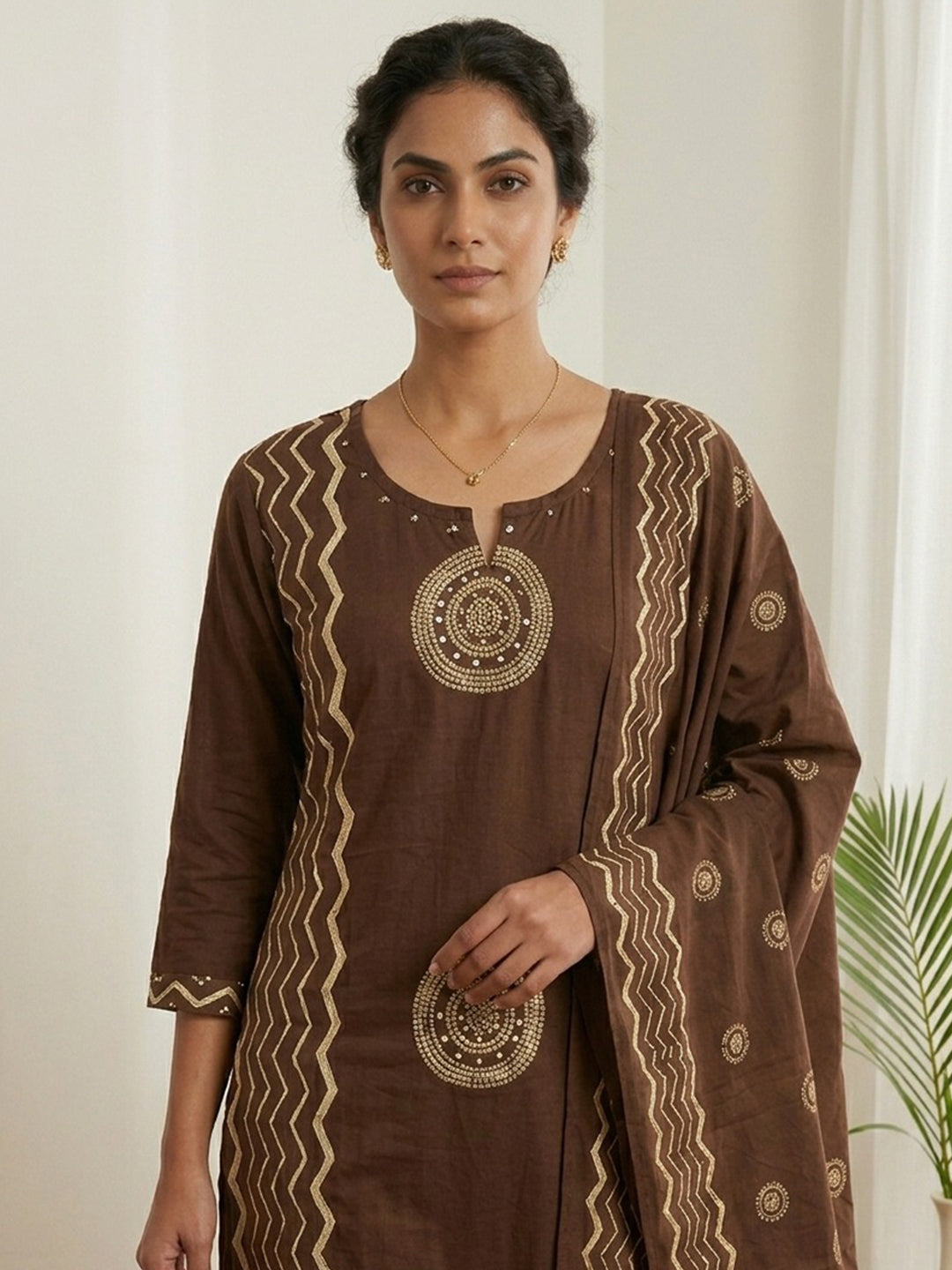 Brown Printed Cotton Blend Kurta With Pant & Dupatta