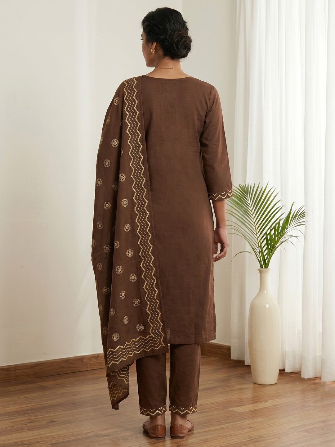Brown Printed Cotton Blend Kurta With Pant & Dupatta