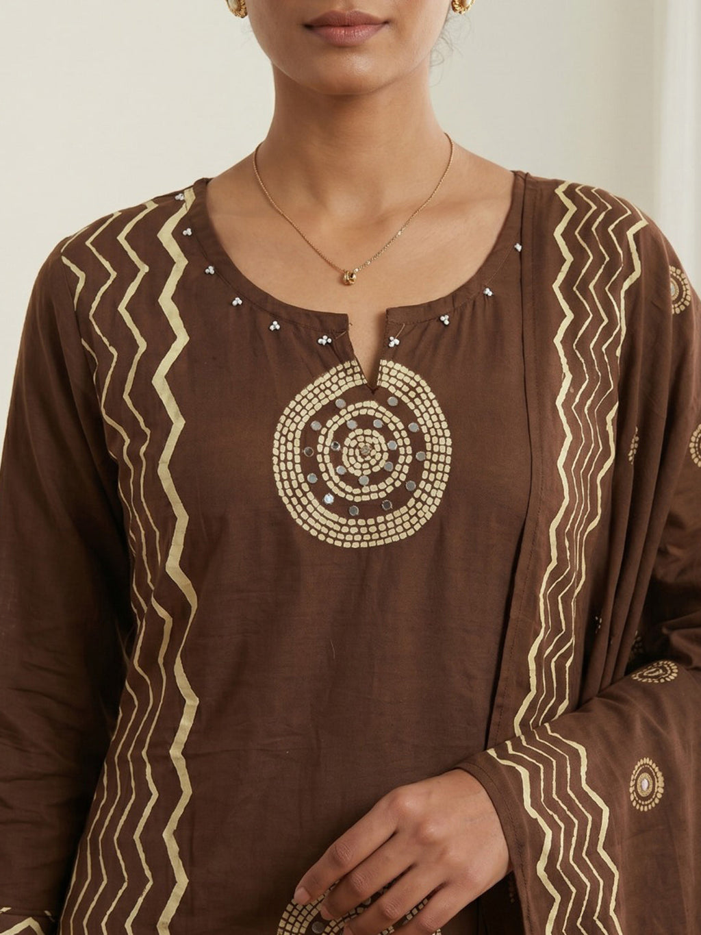Brown Printed Cotton Blend Kurta With Pant & Dupatta