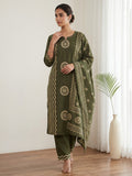 Green Printed Cotton Blend Kurta With Pant & Dupatta
