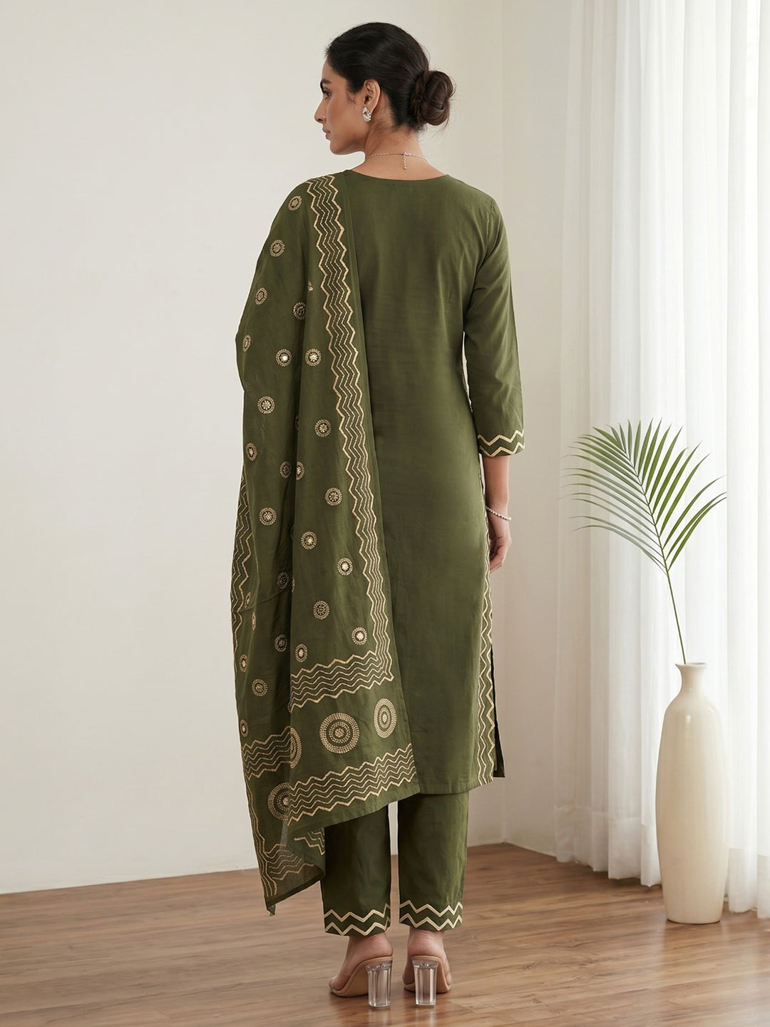 Green Printed Cotton Blend Kurta With Pant & Dupatta