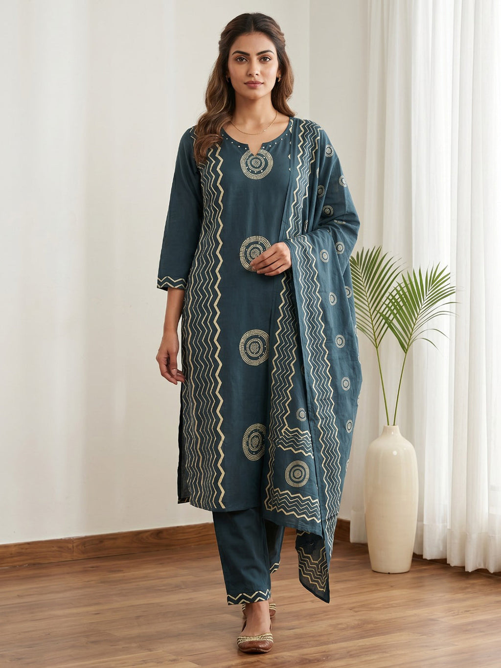 Teal Blue Printed Cotton Blend Kurta With Pant & Dupatta