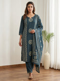 Teal Blue Printed Cotton Blend Kurta With Pant & Dupatta