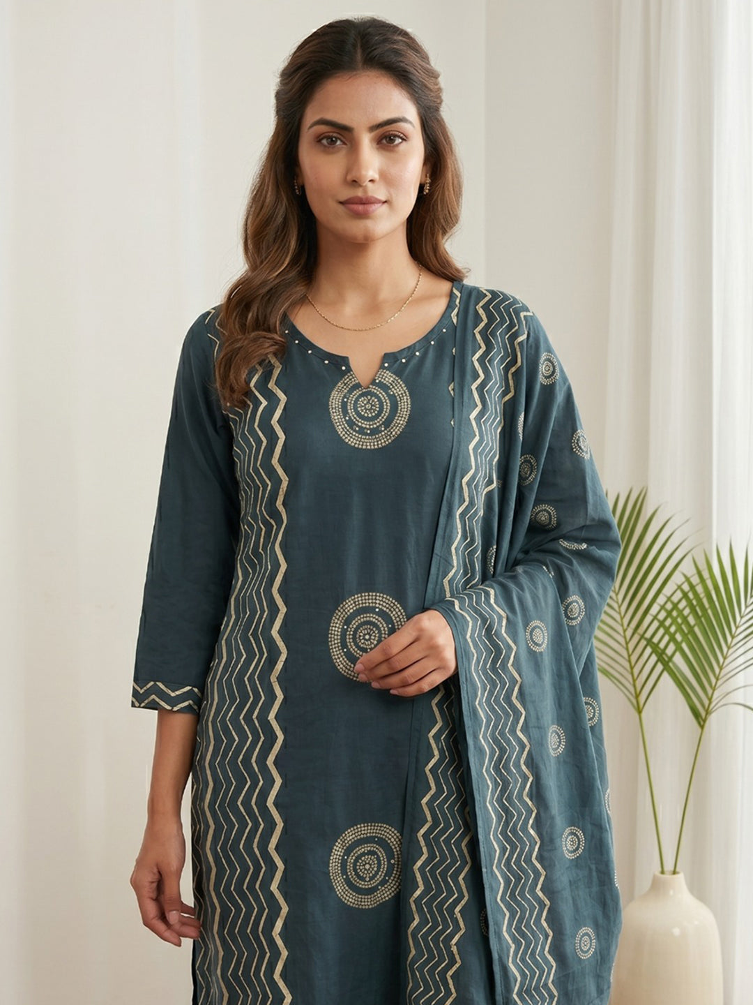 Teal Blue Printed Cotton Blend Kurta With Pant & Dupatta