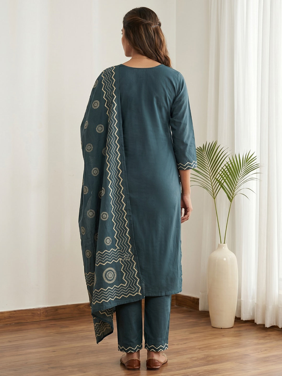 Teal Blue Printed Cotton Blend Kurta With Pant & Dupatta