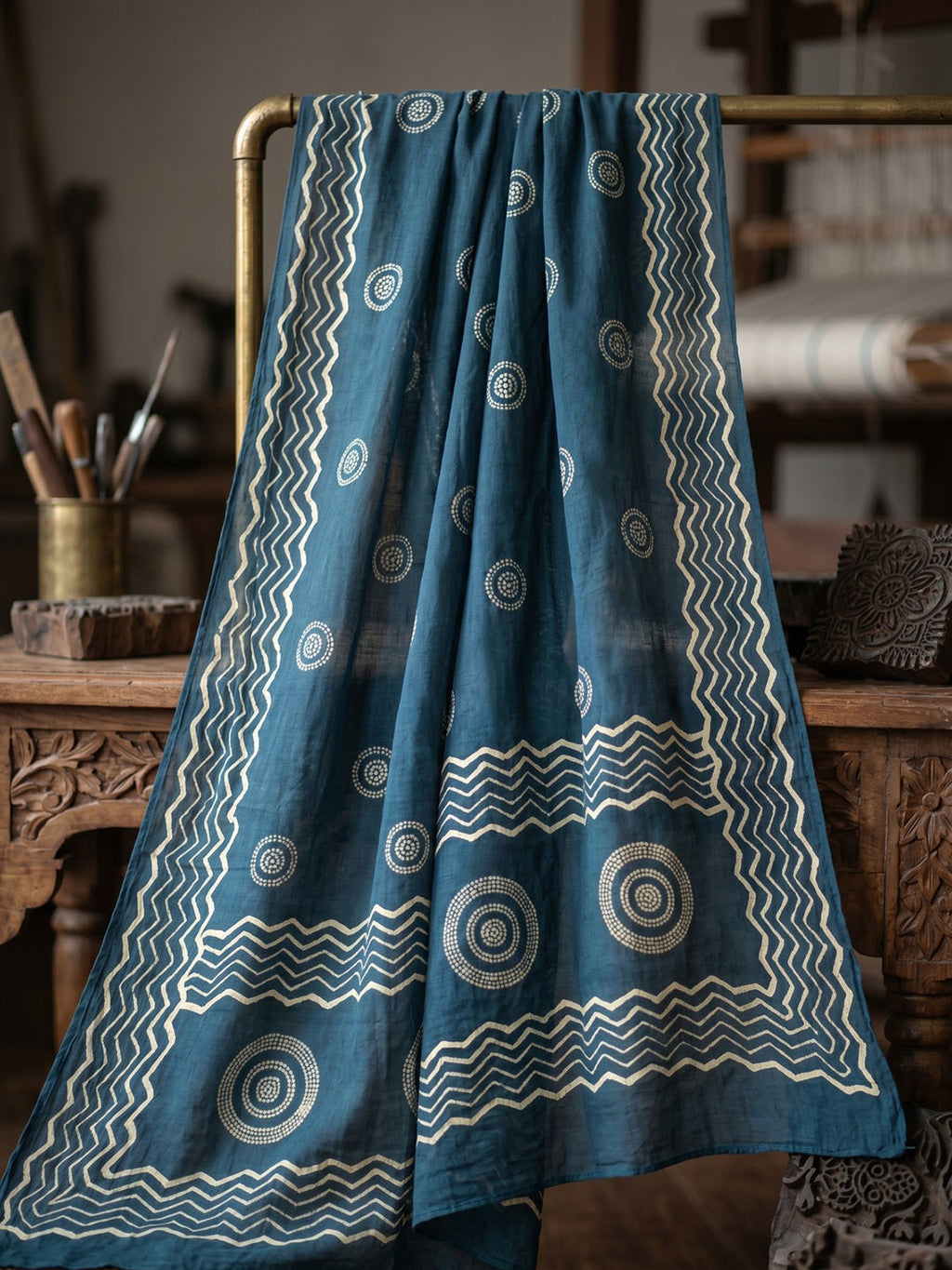 Teal Blue Printed Cotton Blend Kurta With Pant & Dupatta