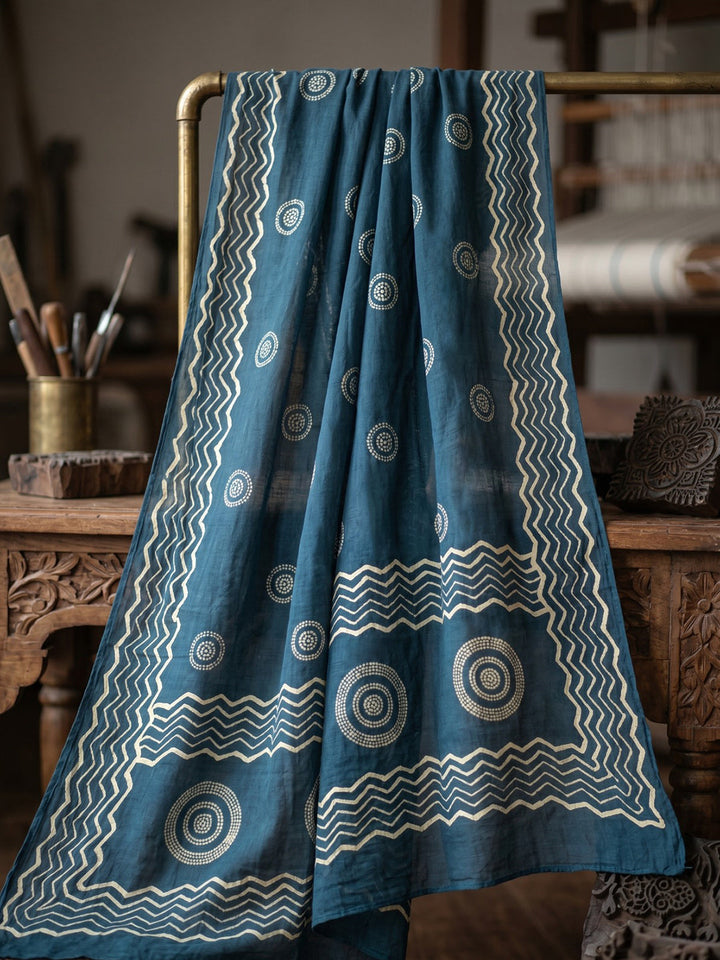 Teal Blue Printed Cotton Blend Kurta With Pant &amp; Dupatta