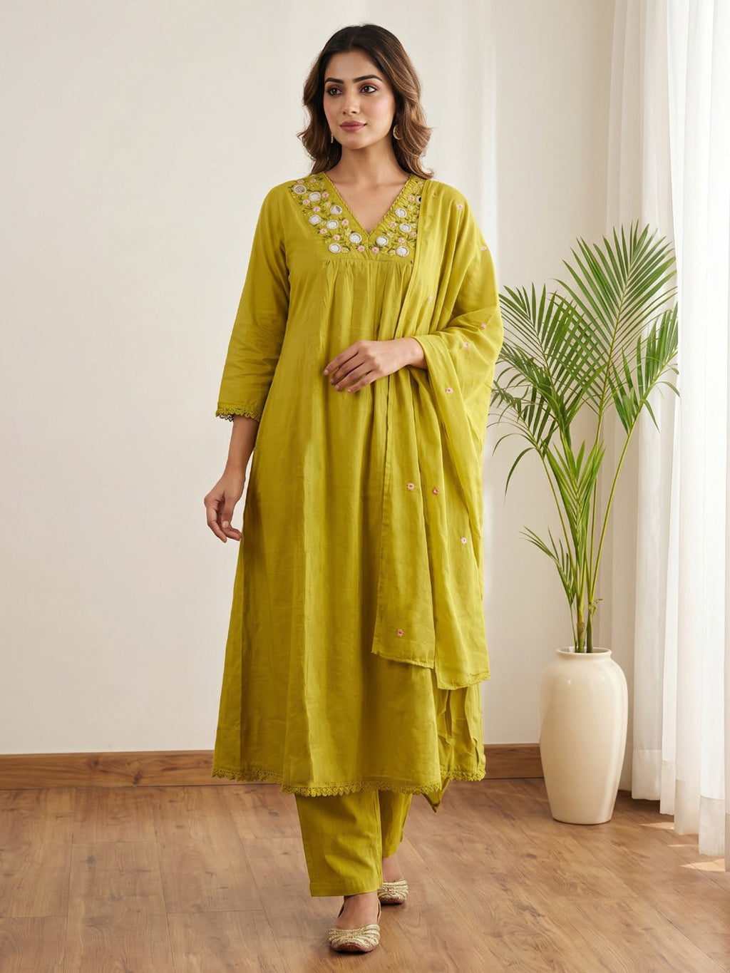 Mustard Printed Cotton Blend Kurta With Pant & Dupatta
