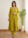 Mustard Printed Cotton Blend Kurta With Pant & Dupatta