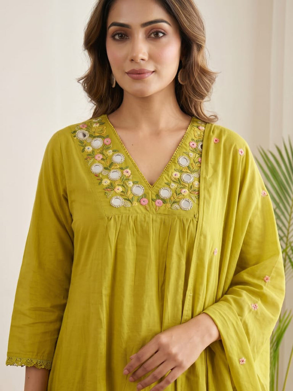 Mustard Printed Cotton Blend Kurta With Pant & Dupatta