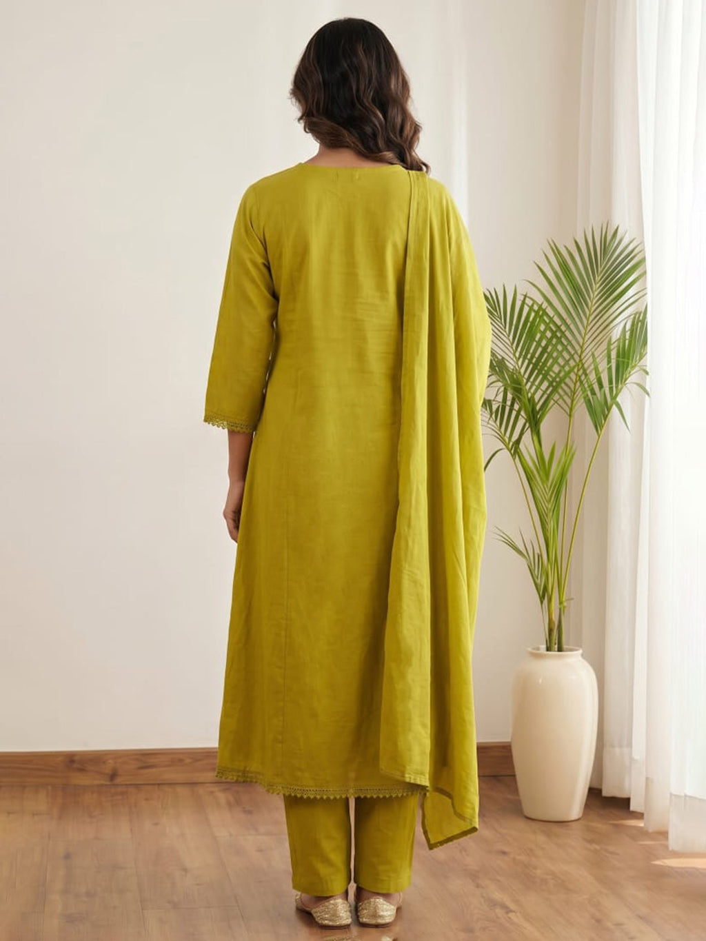 Mustard Printed Cotton Blend Kurta With Pant & Dupatta