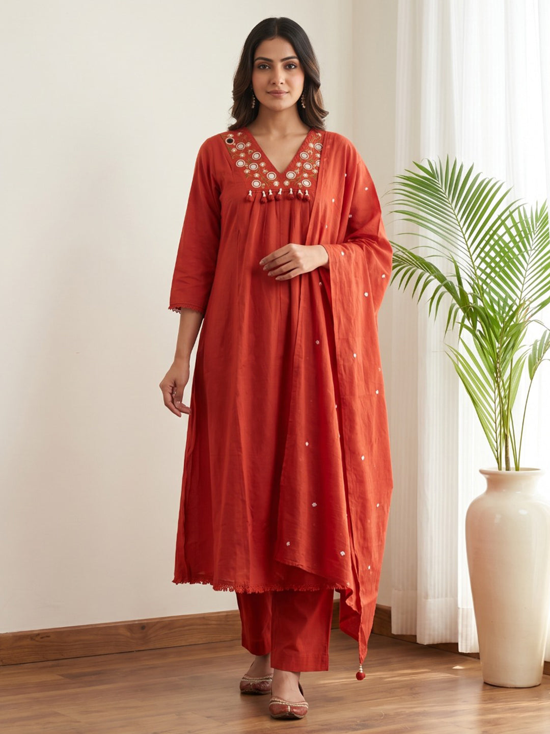 Orange Printed Cotton Blend Kurta With Pant & Dupatta
