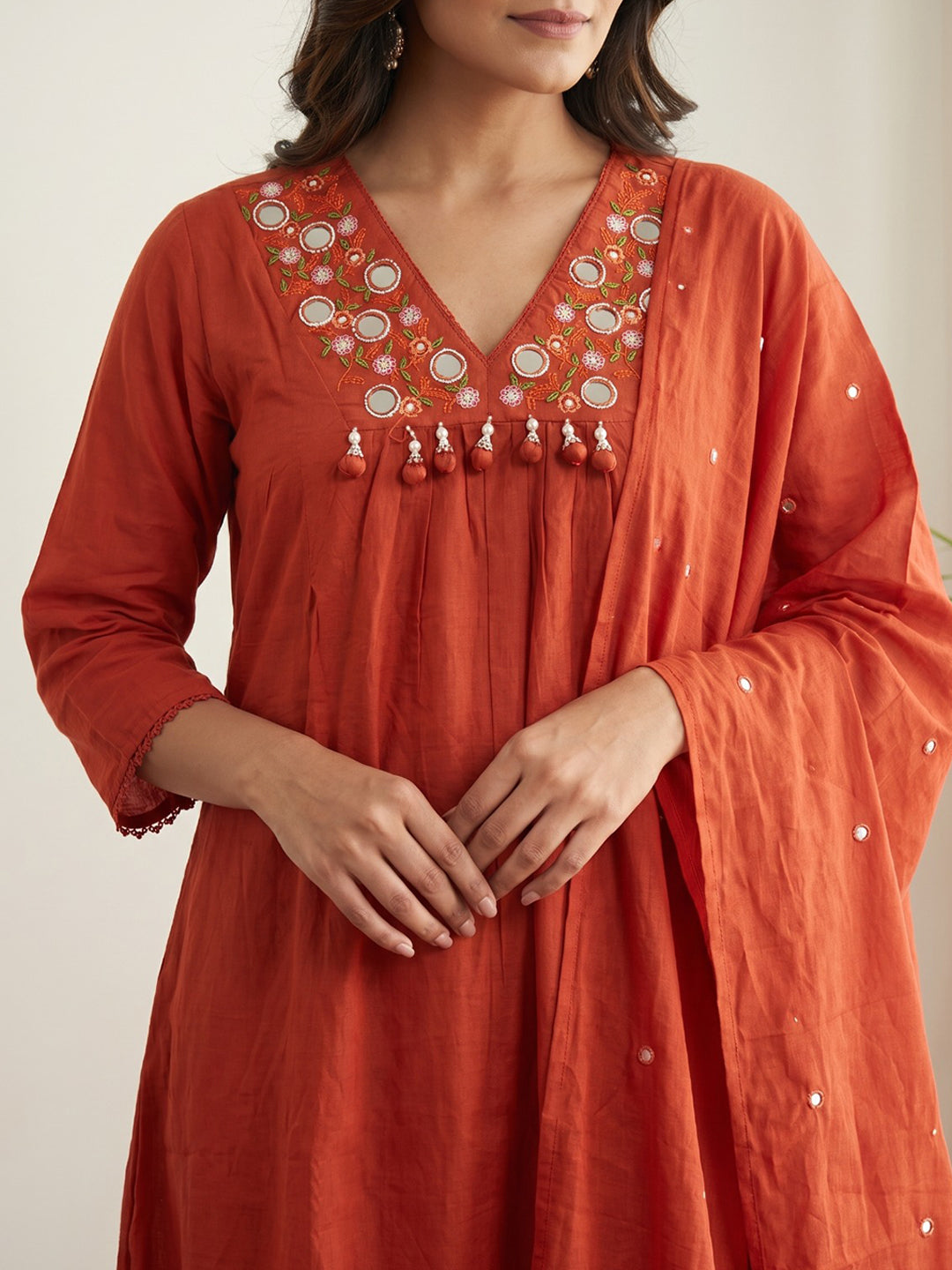 Orange Printed Cotton Blend Kurta With Pant & Dupatta