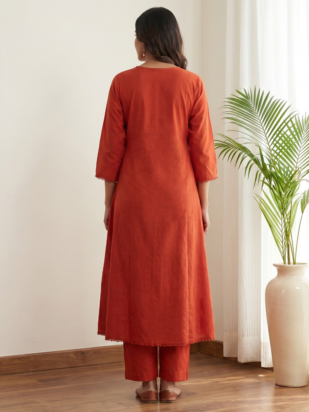 Orange Printed Cotton Blend Kurta With Pant & Dupatta
