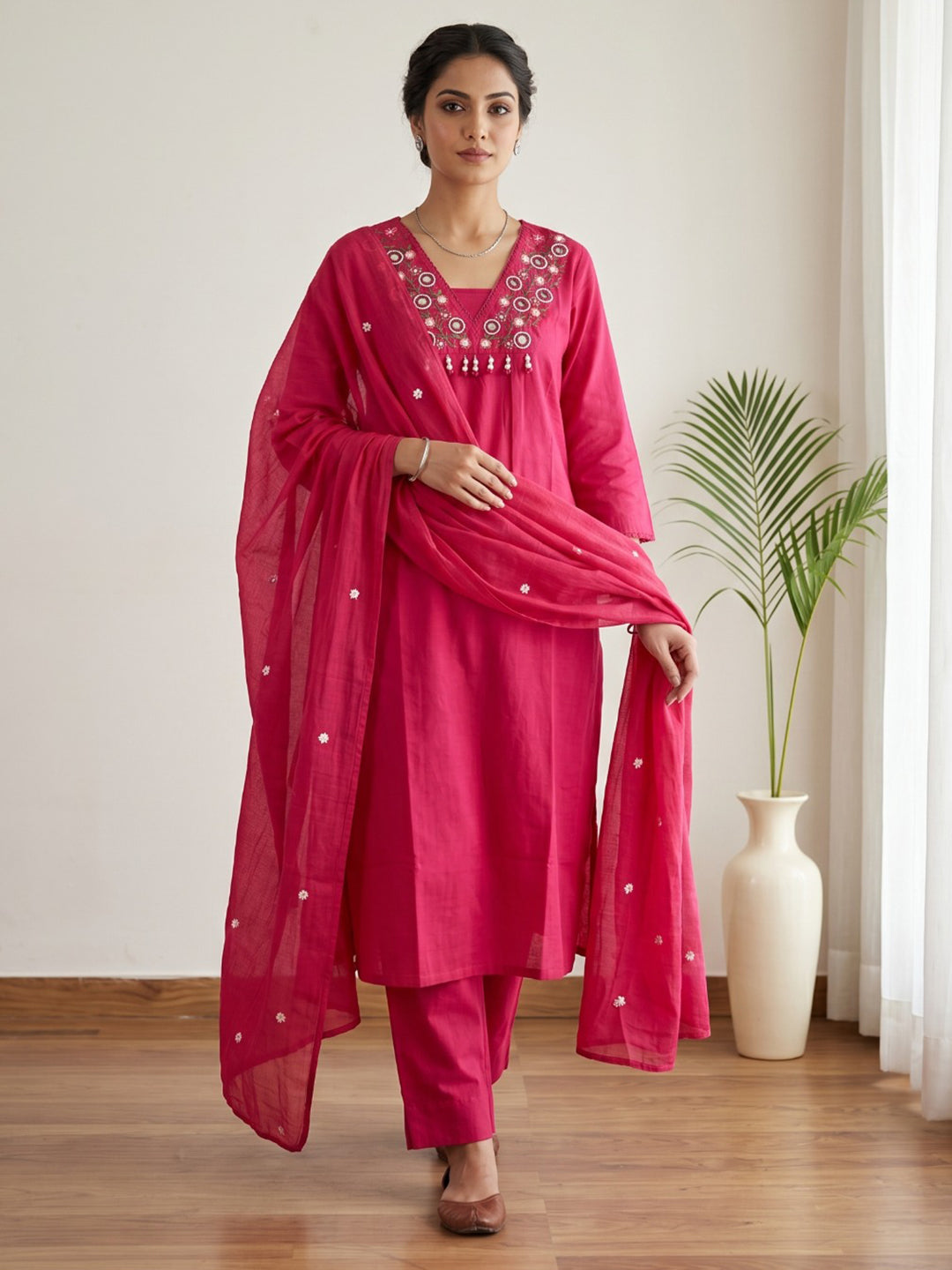 Rani Printed Cotton Blend Kurta With Pant & Dupatta