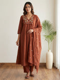 Rust Printed Cotton Blend Kurta With Pant & Dupatta