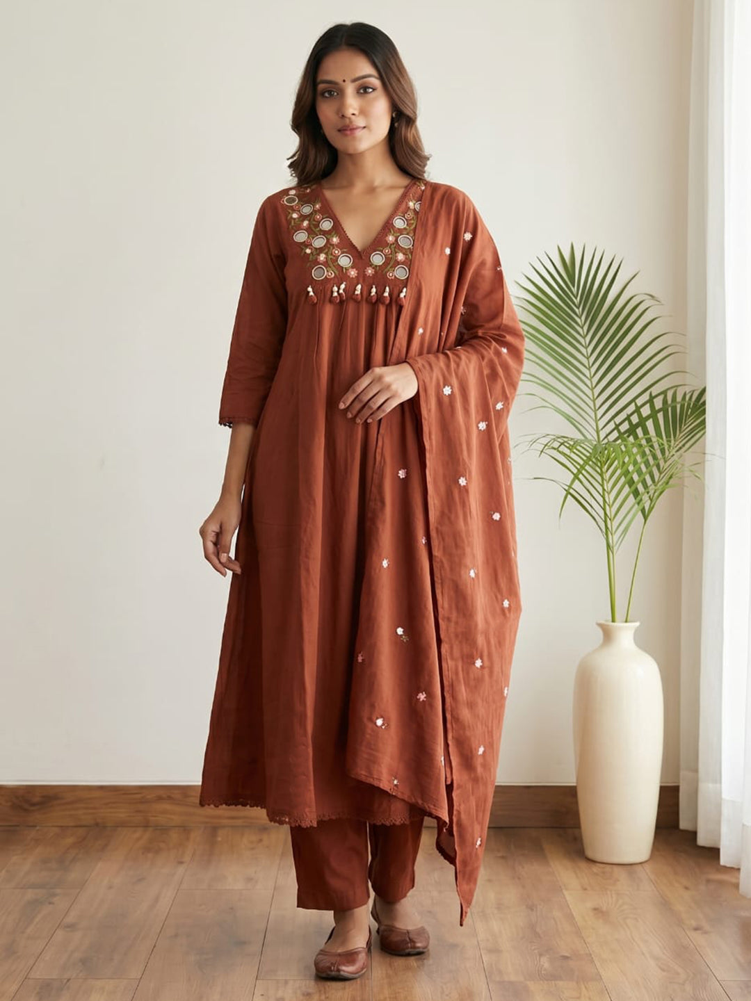 Rust Printed Cotton Blend Kurta With Pant & Dupatta