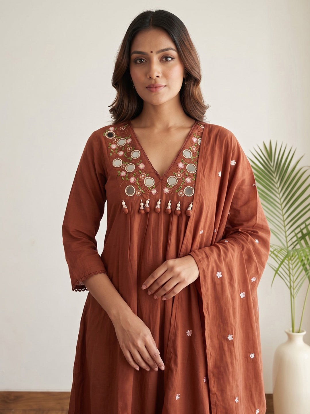 Rust Printed Cotton Blend Kurta With Pant & Dupatta