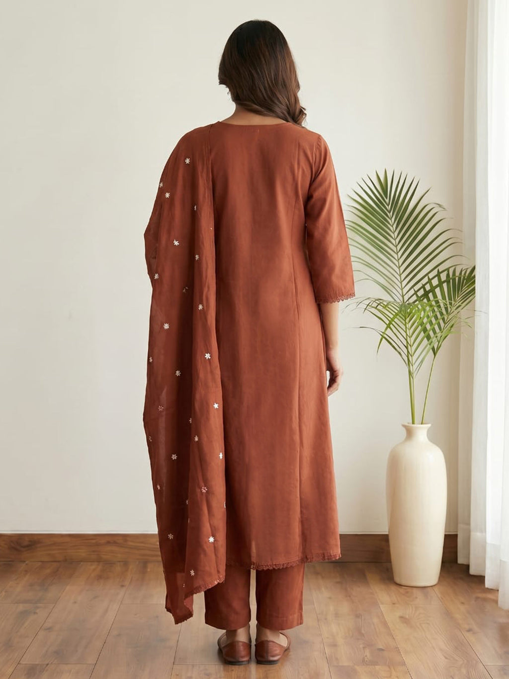 Rust Printed Cotton Blend Kurta With Pant & Dupatta