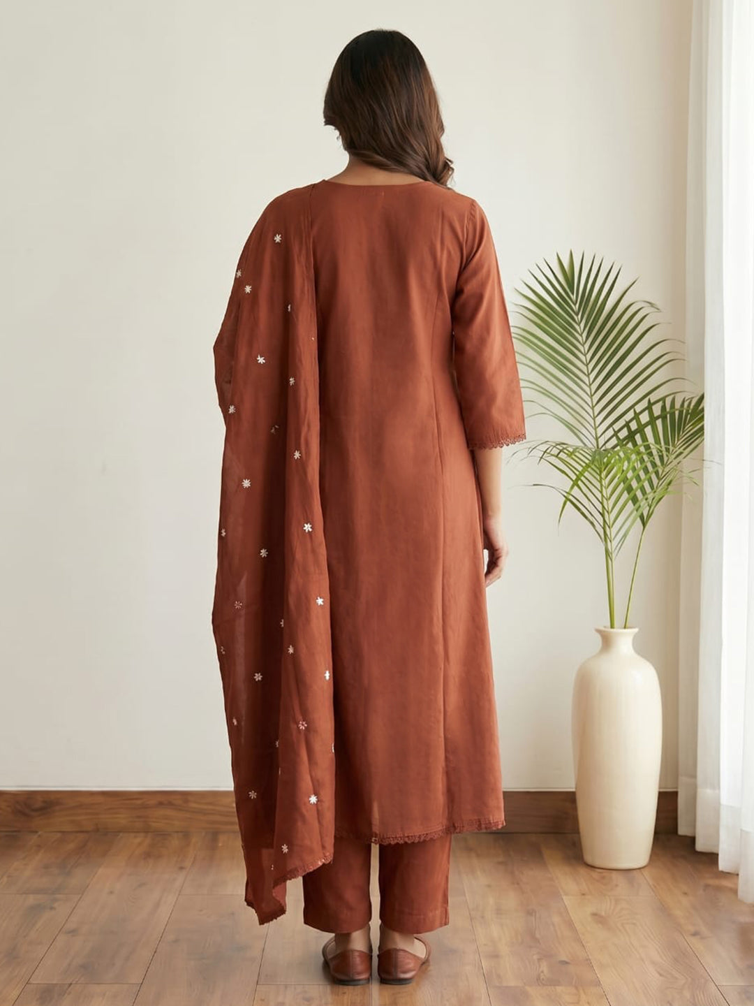 Rust Printed Cotton Blend Kurta With Pant & Dupatta