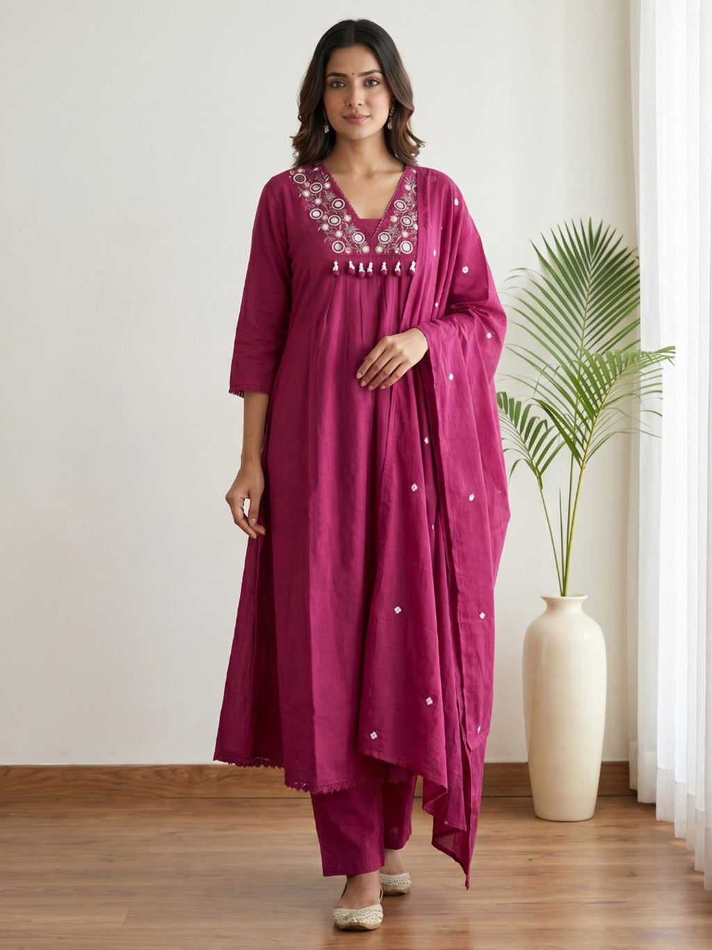Wine Printed Cotton Blend Kurta With Pant & Dupatta