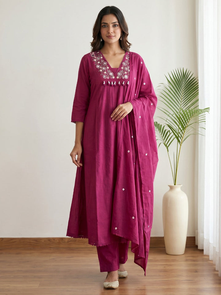 Wine Printed Cotton Blend Kurta With Pant &amp; Dupatta