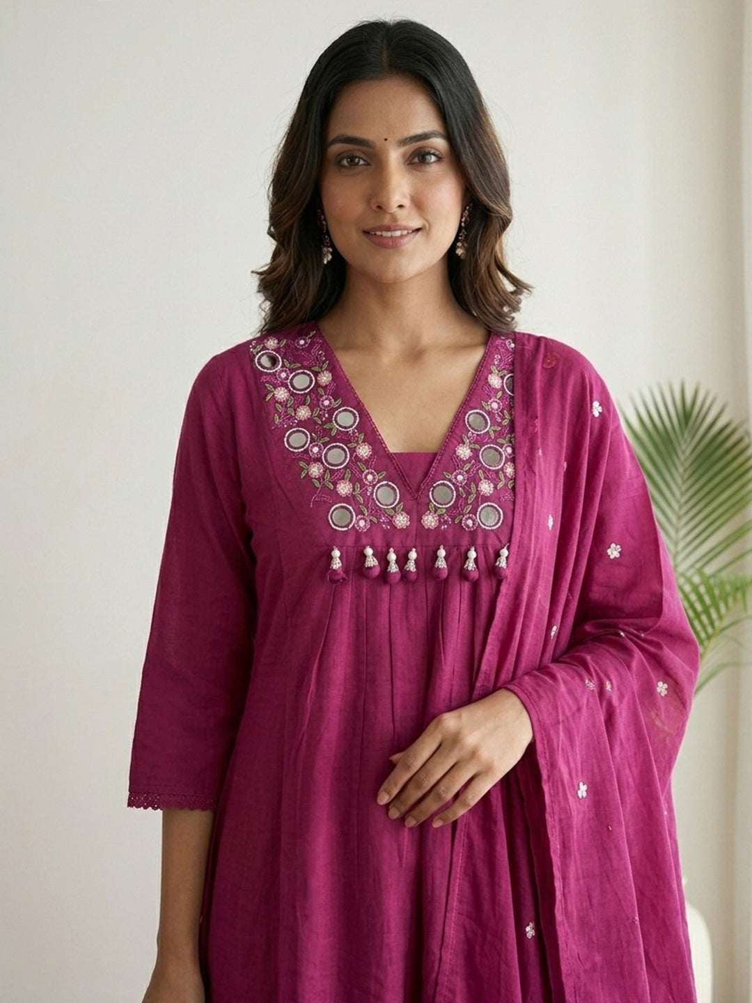 Wine Printed Cotton Blend Kurta With Pant & Dupatta