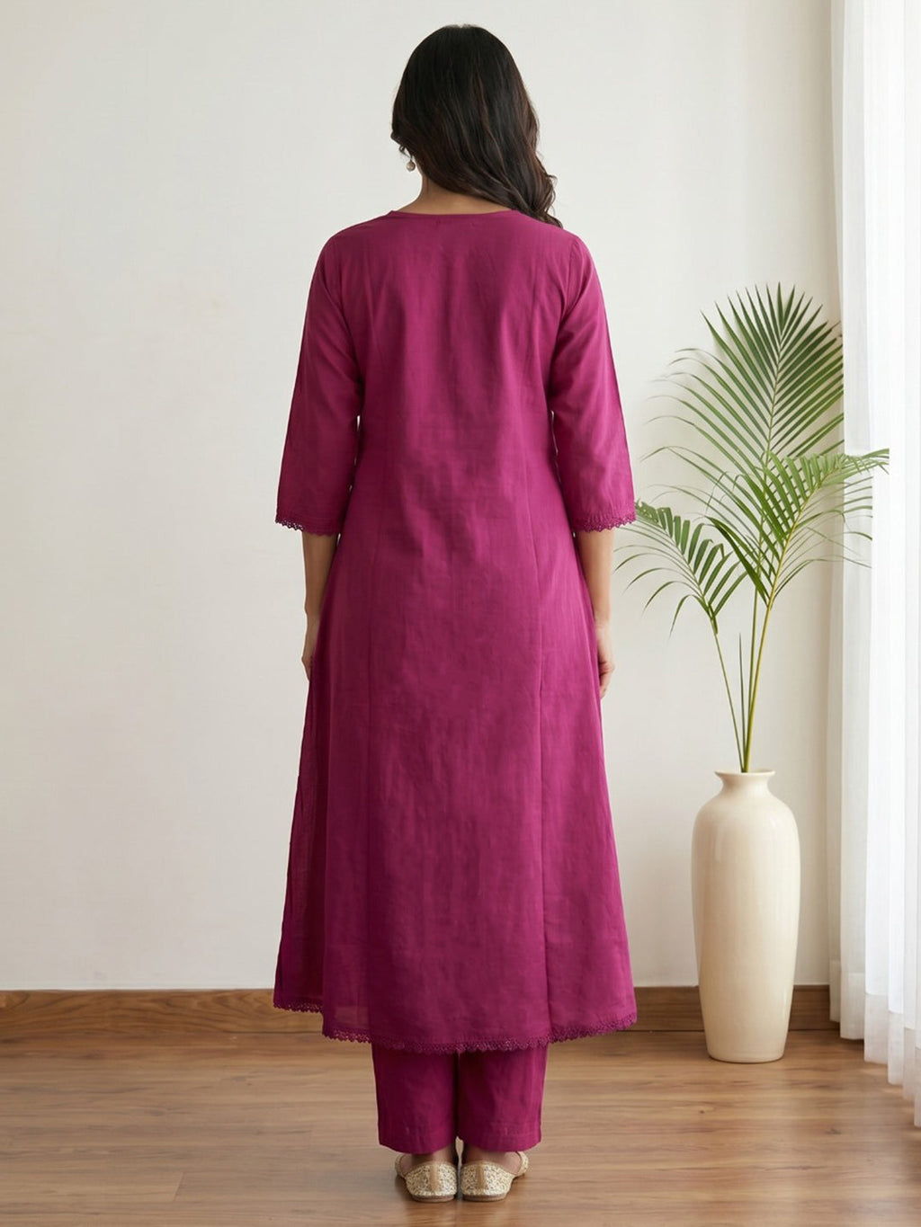 Wine Printed Cotton Blend Kurta With Pant & Dupatta