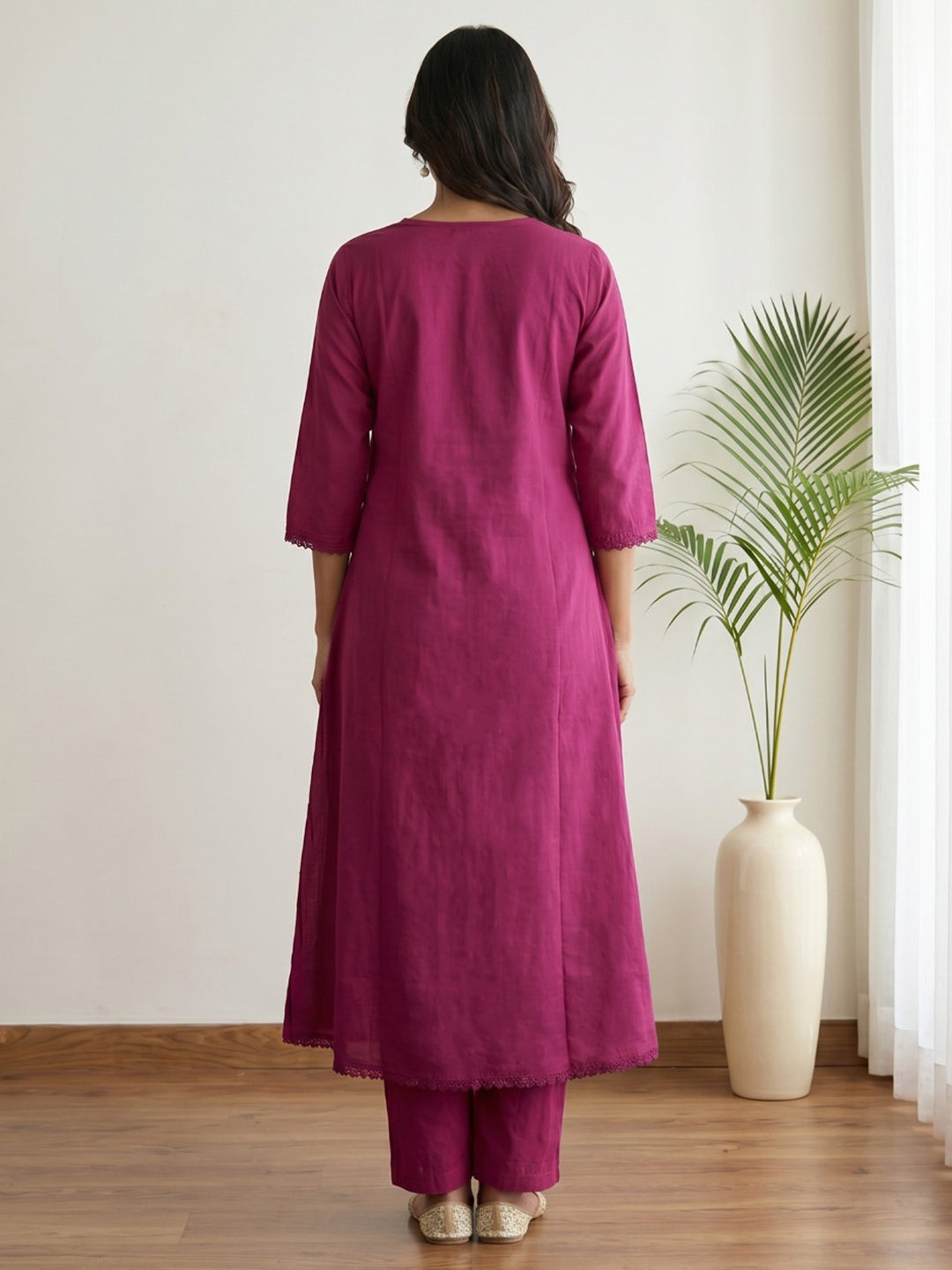 Wine Printed Cotton Blend Kurta With Pant & Dupatta