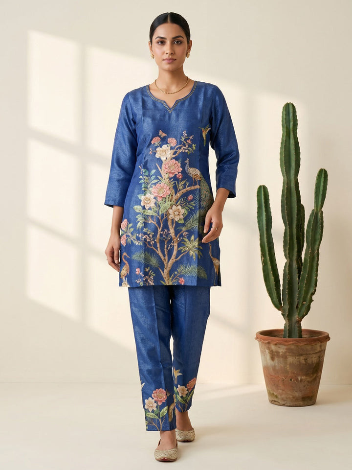 Blue Printed Cotton Blend V Neck Straight Kurta With Pant